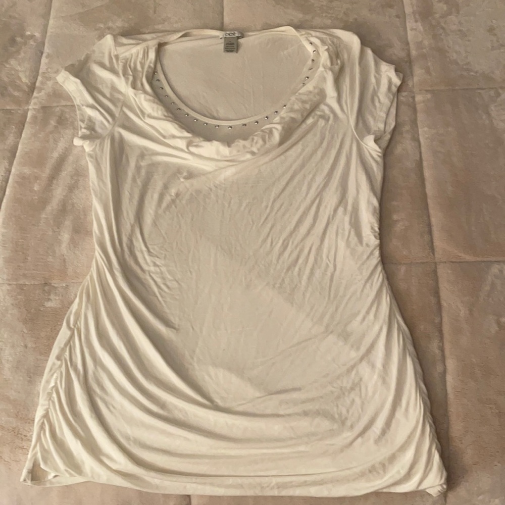 Cache long tunic silver embellished ruched stretch top excellent condition